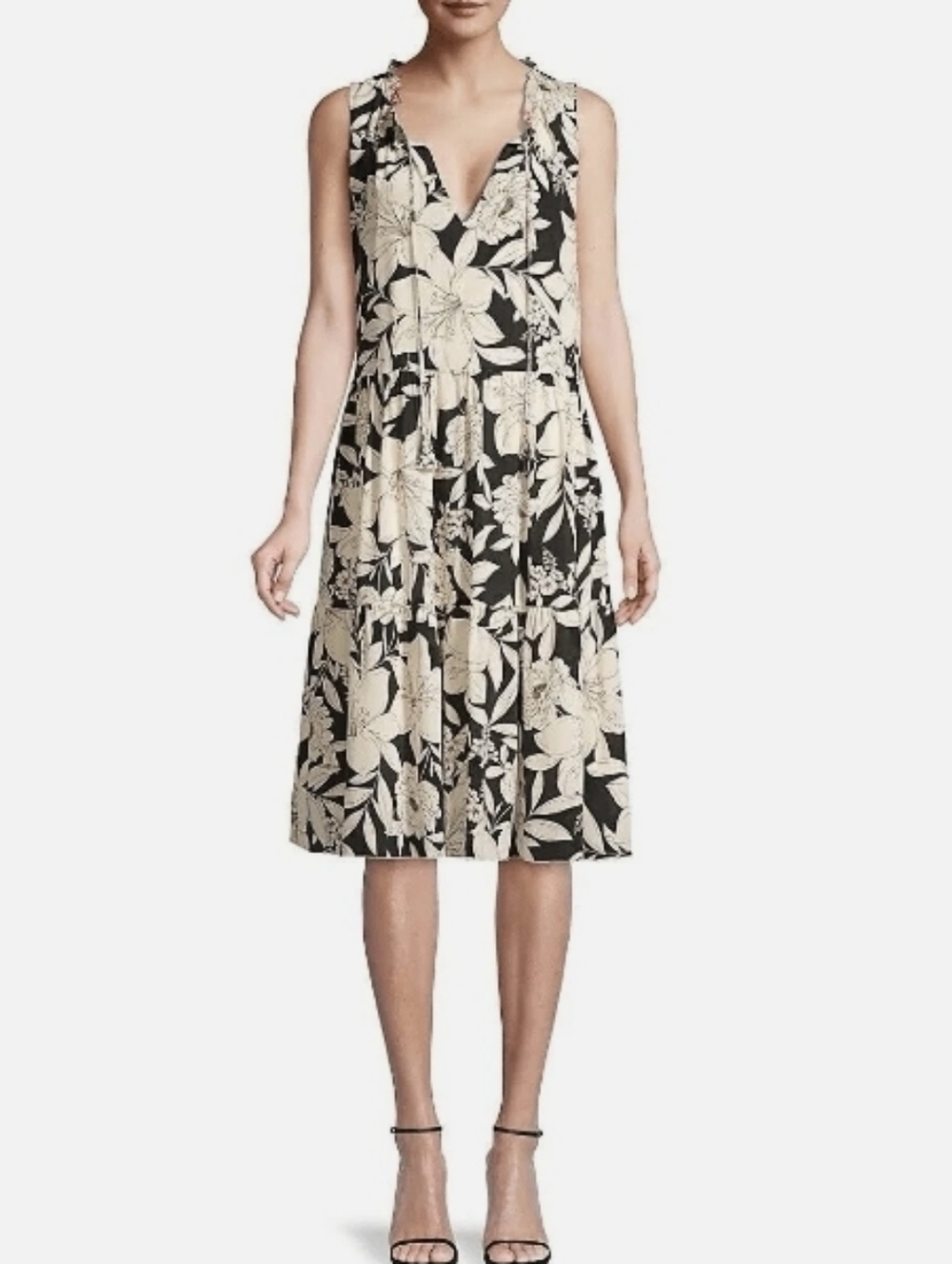 Jade By Johnny Was Juliette Tiered Silk Black Cream Floral Dress Size XL